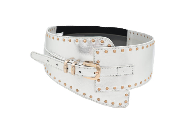 Brand New Women Wide Western Stretch Faux Leather Shiny Silver Fashion Belt Gold Stud XS S