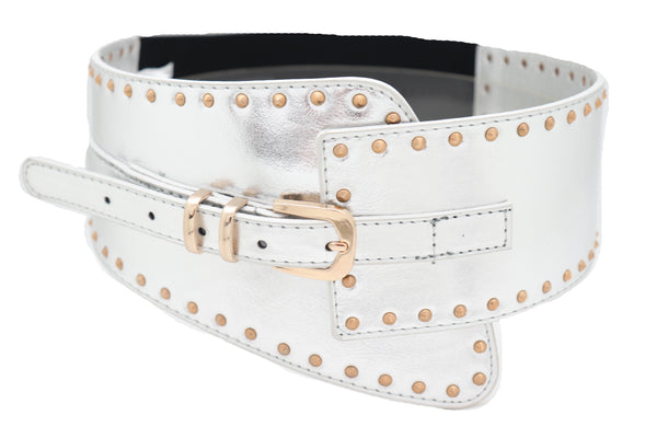 Brand New Women Wide Western Stretch Faux Leather Shiny Silver Fashion Belt Gold Stud XS S