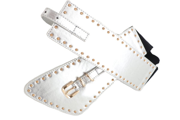 Brand New Women Wide Western Stretch Faux Leather Shiny Silver Fashion Belt Gold Stud XS S