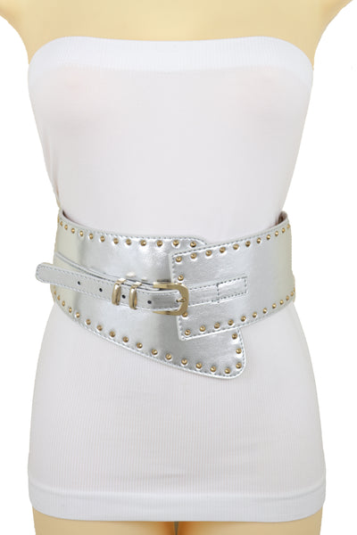 Brand New Women Wide Western Stretch Faux Leather Shiny Silver Fashion Belt Gold Stud XS S