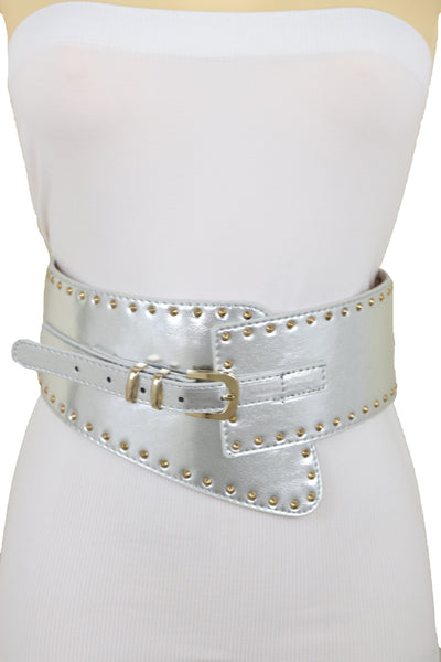 Brand New Women Wide Western Stretch Faux Leather Shiny Silver Fashion Belt Gold Stud XS S