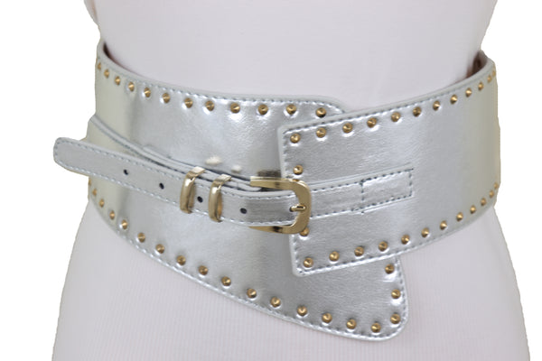 Brand New Women Wide Western Stretch Faux Leather Shiny Silver Fashion Belt Gold Stud XS S