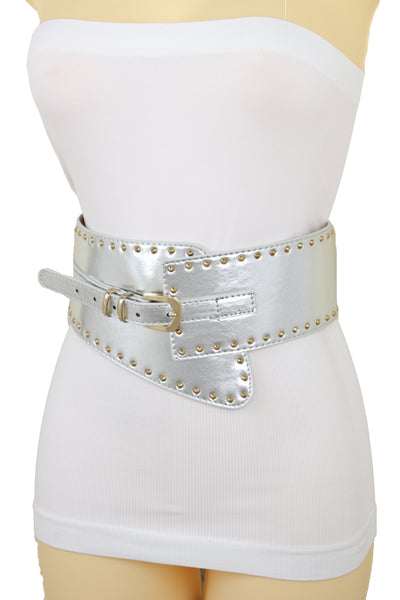 Brand New Women Wide Western Stretch Faux Leather Shiny Silver Fashion Belt Gold Stud XS S
