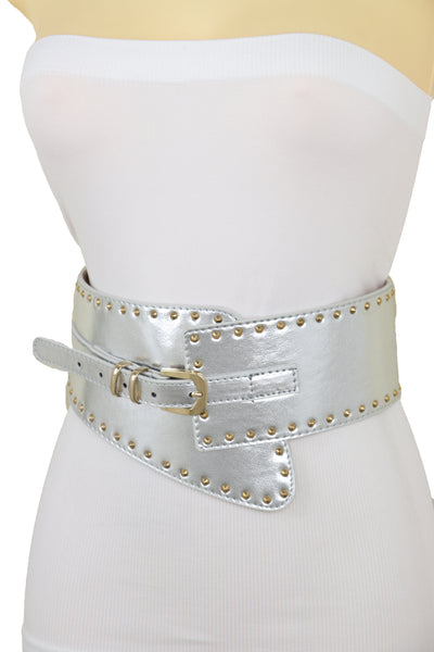 Brand New Women Wide Western Stretch Faux Leather Shiny Silver Fashion Belt Gold Stud XS S