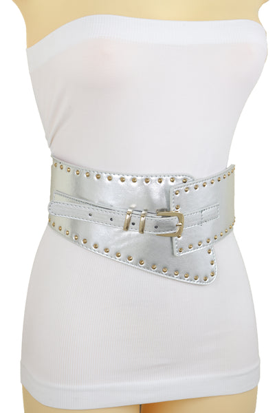 Brand New Women Wide Western Stretch Faux Leather Shiny Silver Fashion Belt Gold Stud XS S