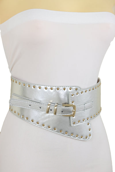 Brand New Women Wide Western Stretch Faux Leather Shiny Silver Fashion Belt Gold Stud XS S