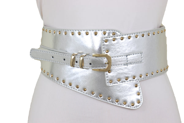 Brand New Women Wide Western Stretch Faux Leather Shiny Silver Fashion Belt Gold Stud XS S