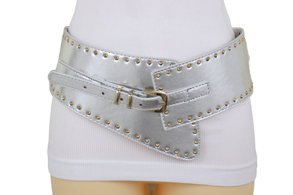 Brand New Women Wide Western Stretch Faux Leather Shiny Silver Fashion Belt Gold Stud XS S