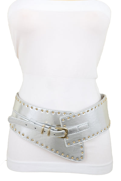 Brand New Women Wide Western Stretch Faux Leather Shiny Silver Fashion Belt Gold Stud XS S