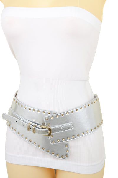 Brand New Women Wide Western Stretch Faux Leather Shiny Silver Fashion Belt Gold Stud XS S