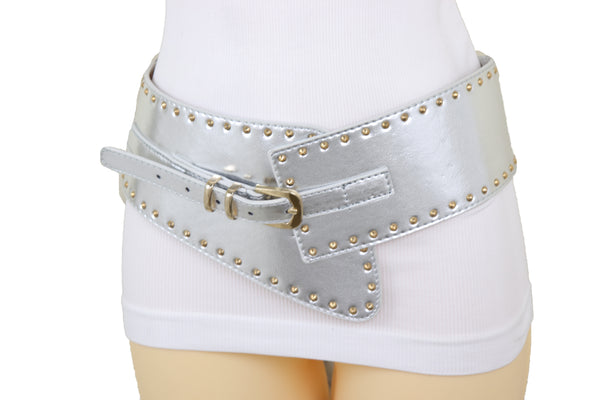 Brand New Women Wide Western Stretch Faux Leather Shiny Silver Fashion Belt Gold Stud XS S