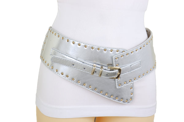 Brand New Women Wide Western Stretch Faux Leather Shiny Silver Fashion Belt Gold Stud XS S