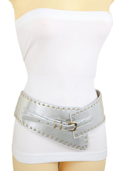 Brand New Women Wide Western Stretch Faux Leather Shiny Silver Fashion Belt Gold Stud XS S