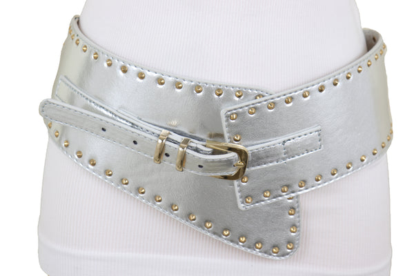 Brand New Women Wide Western Stretch Faux Leather Shiny Silver Fashion Belt Gold Stud XS S