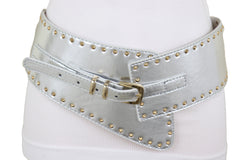 Wide Western Stretch Faux Leather Shiny Silver Fashion Belt Gold Stud XS S