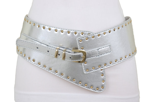 Brand New Women Wide Western Stretch Faux Leather Shiny Silver Fashion Belt Gold Stud XS S