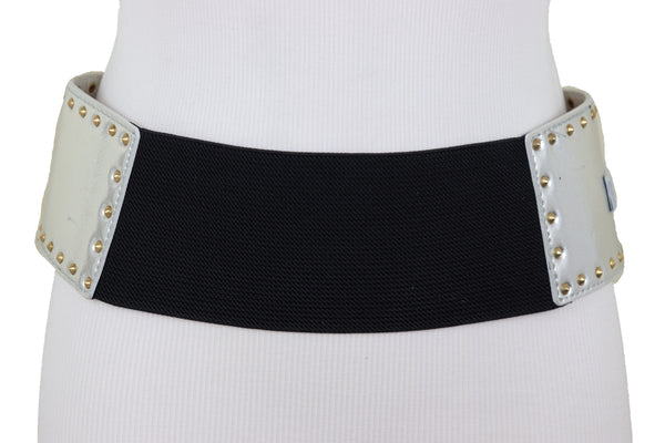 Brand New Women Wide Western Stretch Faux Leather Shiny Silver Fashion Belt Gold Stud XS S