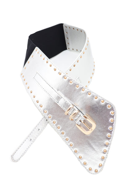 Brand New Women Wide Western Stretch Faux Leather Shiny Silver Fashion Belt Gold Stud XS S