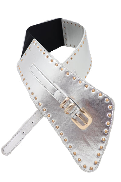 Brand New Women Wide Western Stretch Faux Leather Shiny Silver Fashion Belt Gold Stud XS S