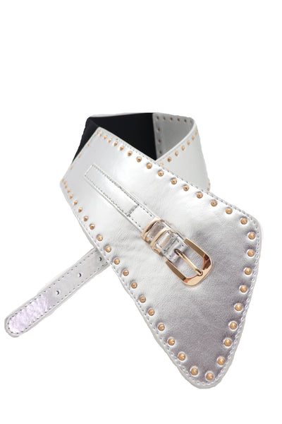 Brand New Women Wide Western Stretch Faux Leather Shiny Silver Fashion Belt Gold Stud XS S