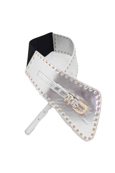 Brand New Women Wide Western Stretch Faux Leather Shiny Silver Fashion Belt Gold Stud XS S