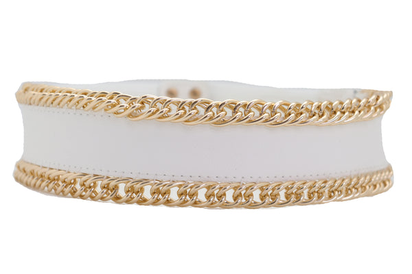 Brand New Women White Faux Leather Stretch Waistband Wide Belt Gold Metal Chain Links S M