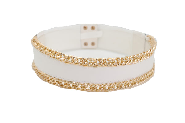 Brand New Women White Faux Leather Stretch Waistband Wide Belt Gold Metal Chain Links S M