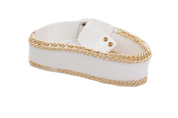 Brand New Women White Faux Leather Stretch Waistband Wide Belt Gold Metal Chain Links S M