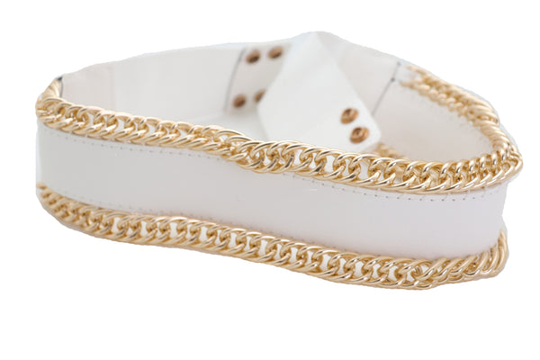 Brand New Women White Faux Leather Stretch Waistband Wide Belt Gold Metal Chain Links S M