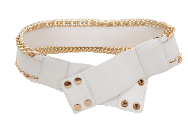 Brand New Women White Faux Leather Stretch Waistband Wide Belt Gold Metal Chain Links S M