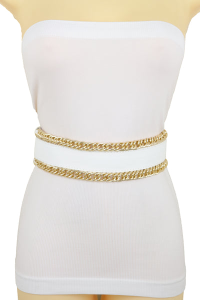 Brand New Women White Faux Leather Stretch Waistband Wide Belt Gold Metal Chain Links S M