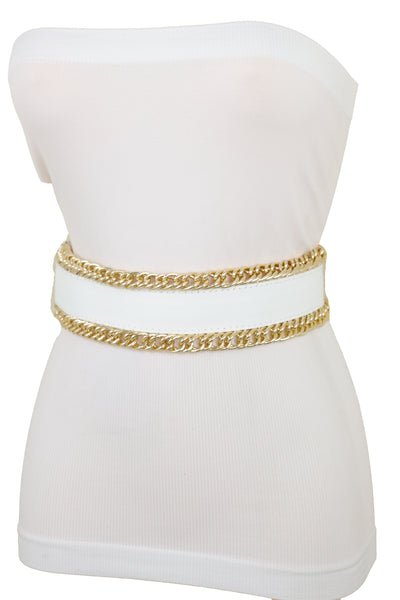 Brand New Women White Faux Leather Stretch Waistband Wide Belt Gold Metal Chain Links S M