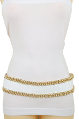 White Faux Leather Stretch Waistband Wide Belt Gold Metal Chain Links S M