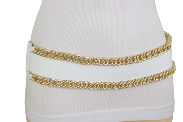 Brand New Women White Faux Leather Stretch Waistband Wide Belt Gold Metal Chain Links S M