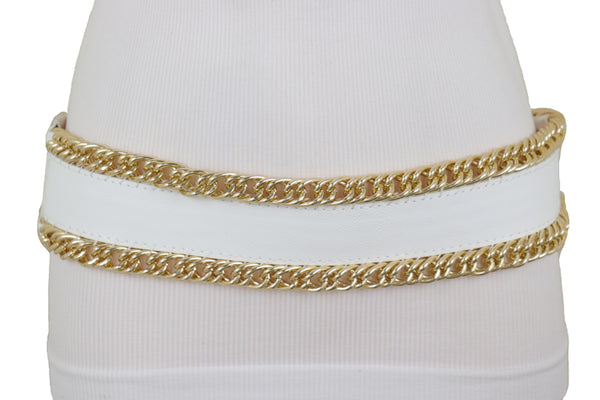 Brand New Women White Faux Leather Stretch Waistband Wide Belt Gold Metal Chain Links S M