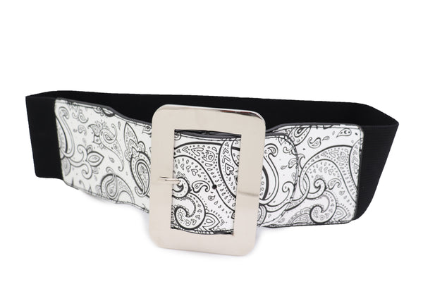 Brand New Women Wide White Elastic High Waist Hip Fashion Belt Black Paisley Print Fit S M