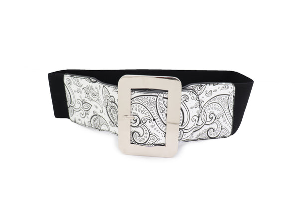 Brand New Women Wide White Elastic High Waist Hip Fashion Belt Black Paisley Print Fit S M