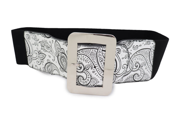 Brand New Women Wide White Elastic High Waist Hip Fashion Belt Black Paisley Print Fit S M