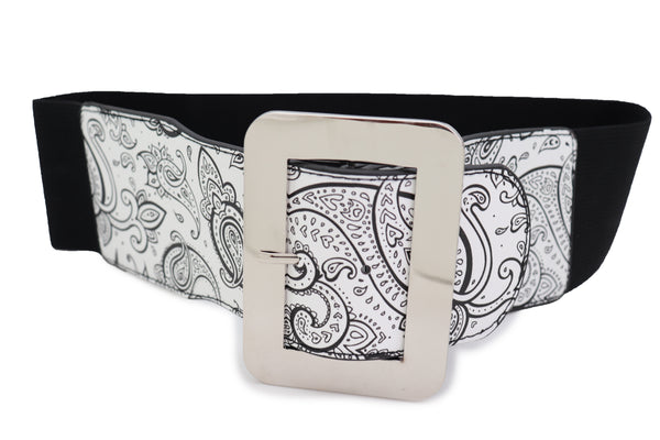 Brand New Women Wide White Elastic High Waist Hip Fashion Belt Black Paisley Print Fit S M