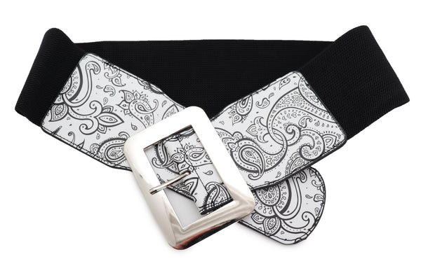 Brand New Women Wide White Elastic High Waist Hip Fashion Belt Black Paisley Print Fit S M