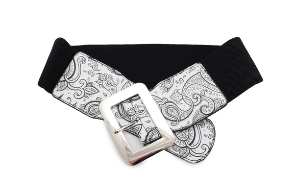 Brand New Women Wide White Elastic High Waist Hip Fashion Belt Black Paisley Print Fit S M