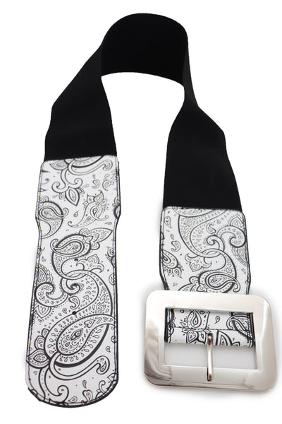 Brand New Women Wide White Elastic High Waist Hip Fashion Belt Black Paisley Print Fit S M