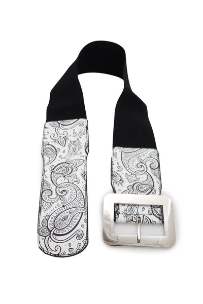 Brand New Women Wide White Elastic High Waist Hip Fashion Belt Black Paisley Print Fit S M