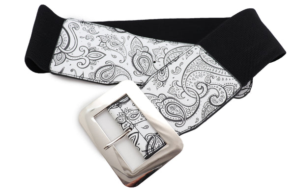 Brand New Women Wide White Elastic High Waist Hip Fashion Belt Black Paisley Print Fit S M