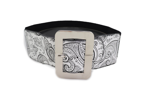 Brand New Women Wide White Elastic High Waist Hip Fashion Belt Black Paisley Print Fit S M