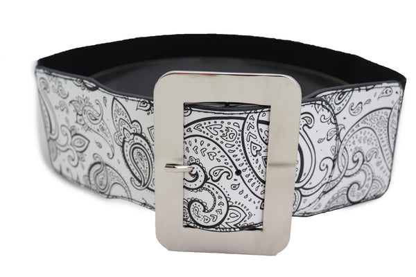 Brand New Women Wide White Elastic High Waist Hip Fashion Belt Black Paisley Print Fit S M