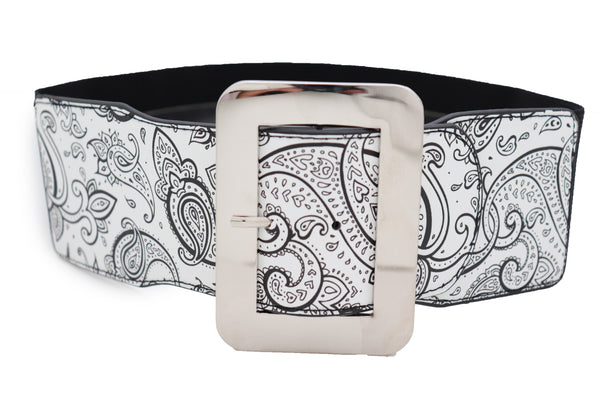 Brand New Women Wide White Elastic High Waist Hip Fashion Belt Black Paisley Print Fit S M