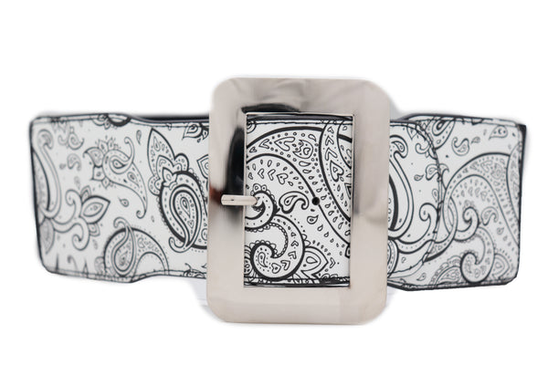 Brand New Women Wide White Elastic High Waist Hip Fashion Belt Black Paisley Print Fit S M