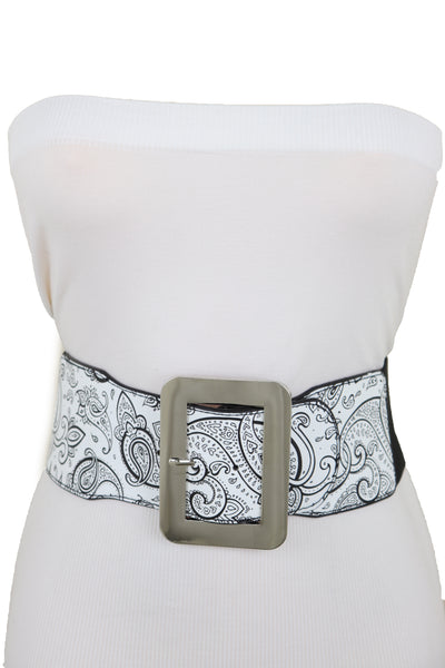 Brand New Women Wide White Elastic High Waist Hip Fashion Belt Black Paisley Print Fit S M