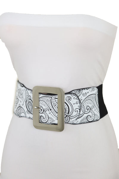Brand New Women Wide White Elastic High Waist Hip Fashion Belt Black Paisley Print Fit S M